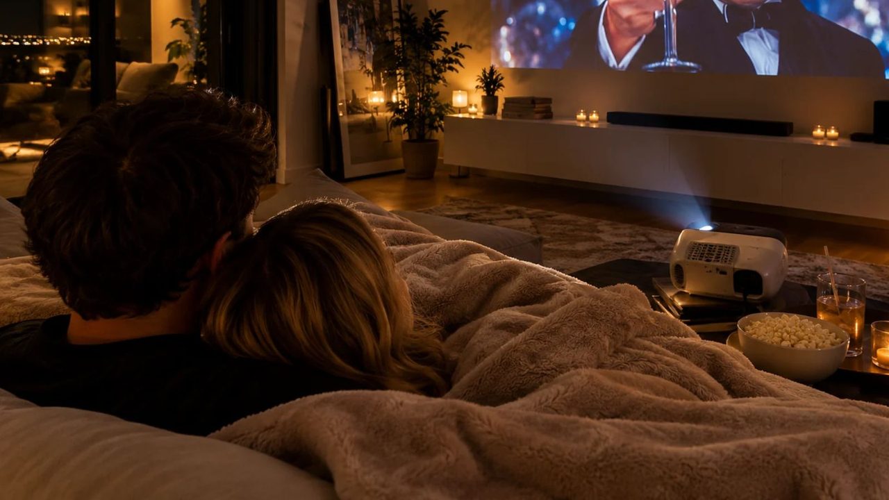 Koppel kijkt film onder een dekentje.