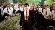 Harry staat in het midden van een groep Hogwarts-studenten.