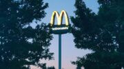 McDonalds logo tussen twee bomen door.