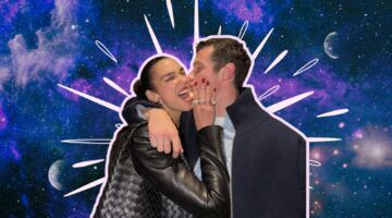 Foto van Dua Lipa en haar man voor een sterrenstelsel achtergrond.