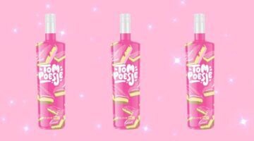Tompoesje shotjes op een roze achtergrond met glitters.