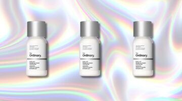 The Ordinary spot treatment op een glitterachtergrond.