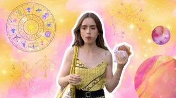 Vrouw neemt hap van een croissant. Ze is omgeven door planeten en sterren. Afbeelding uit Emily in Paris.