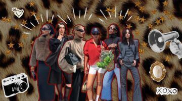 Instagram modellen staan voor gekleurde achtergrond. Herfst fashion 2025.