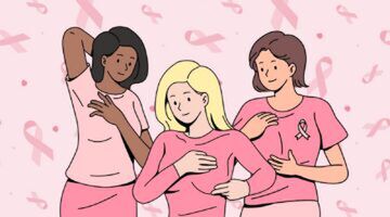 Drie vrouwen controleren hun borsten in teken van borst kankermaand.