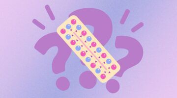 Een pilstrip met vraagtekens op de achtergrond.