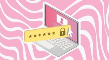 Afbeelding van een laptop, waar een wachtwoord wordt ingevuld. De laptop staat voor een roze achtergrond.