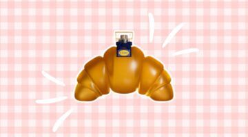 Foto van croissant-parfum van de Lidl, voor een roze geruite achtergrond.