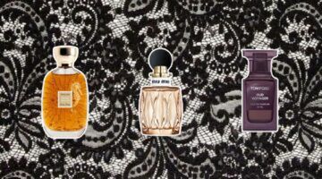 Drie verschillende parfums met een kanten achtergrond.