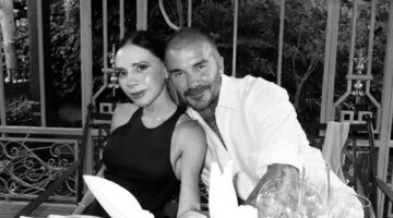Victoria en David Beckham op een zwart-wit foto.
