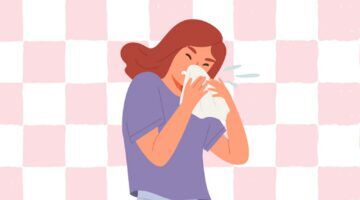 Illustratie van vrouw die niest in een zakdoek.