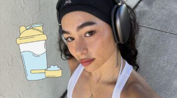 Foto van fitness-influencer met een illustratie van een shaker met creatine erbij.