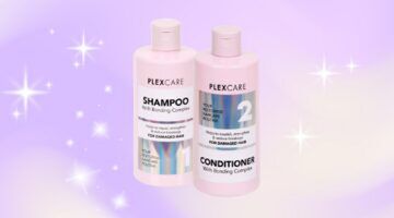 Plex Care haarverzorgingslijn van Action voor een paarse achtegrond met sterren.