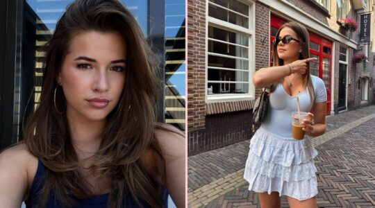 Twee foto's van Jade-Anna. Eentje is een selfie en de ander staat ze op straat met een koffie in haar hand.