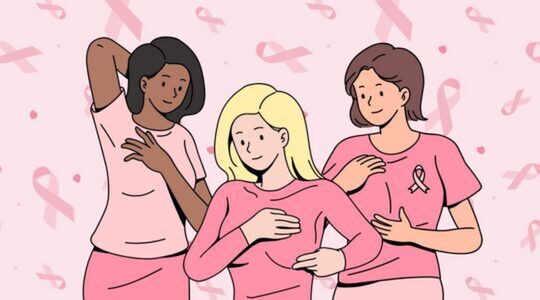 Drie vrouwen controleren hun borsten in teken van borst kankermaand.