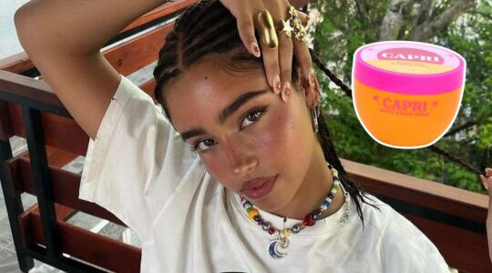 Foto van influencer Yasmin Barbieri. Naast haar is een foto van The Beauty Dept. Booty & Body crème van Action geplakt.