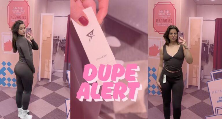 Meisje past de Primark set in de winkel.