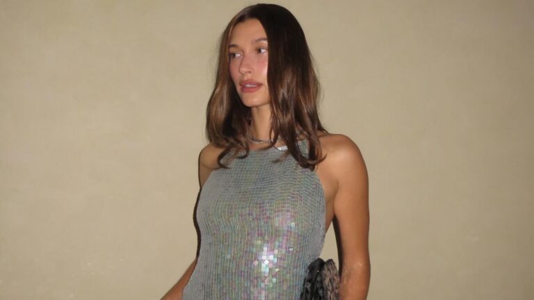 Hailey Bieber in glittertop.