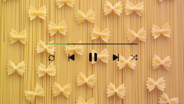 Illustratie van pasta en een nummer dat afspeelt.