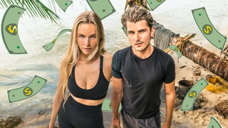 Lies en Twan uit Expeditie Robinson met geld op de achtergrond