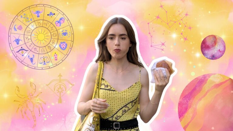 Vrouw neemt hap van een croissant. Ze is omgeven door planeten en sterren. Afbeelding uit Emily in Paris.