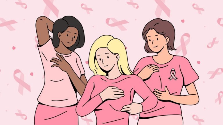 Drie vrouwen controleren hun borsten in teken van borst kankermaand.