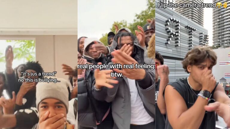 Screenshots van de 'flipping the camera' trend.