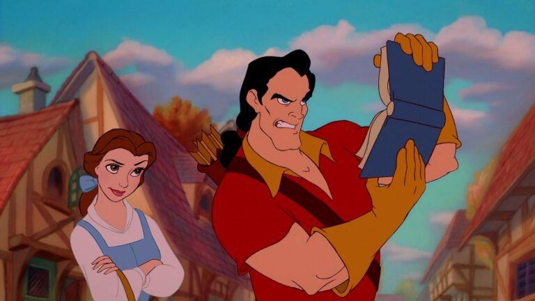 Belle en Gaston in de animatiefilm.