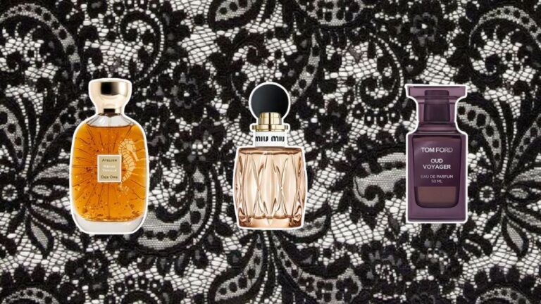 Drie verschillende parfums met een kanten achtergrond.