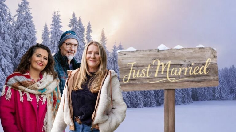 Claudia, Robin en Monique uit Winter Vol Liefde naast een 'Just married' bord.