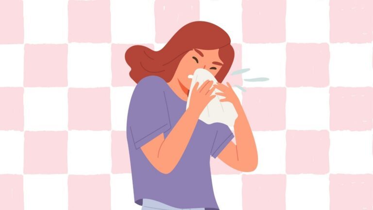 Illustratie van vrouw die niest in een zakdoek.
