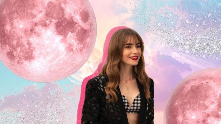 Een roze maan met Emily uit Emily in Paris.