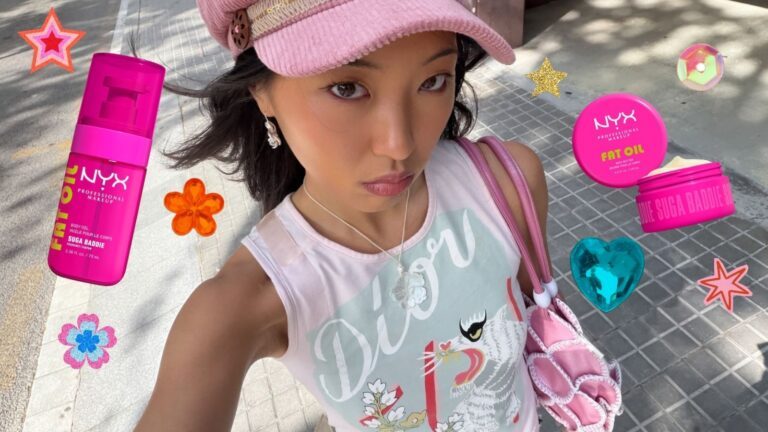 Influencer Maddy Kim is omringd door de NYX Fat Oil Body Collection.