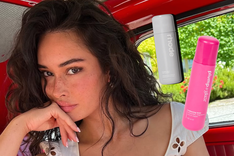 Bailey Clark in auto met Rhode Glazing Milk en Plump and Glaze toner