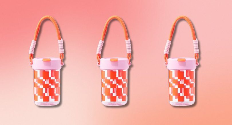 3 drinkbekers met koord 450ml geruit van de HEMA.