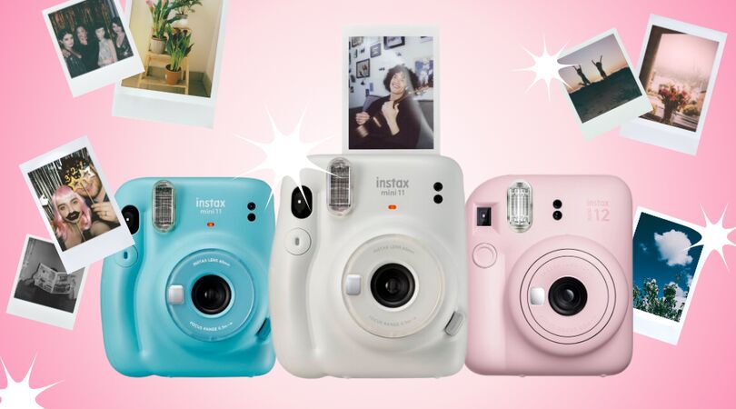Een collage met Polaroid-camera's en foto's.