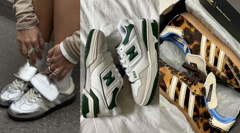 Adidas Samba zilver sneakers, New Balance sneakers, panter Adidas samba sneakers