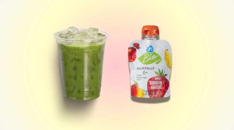 Illustratie van een iced matcha en babyvoeding van AH.