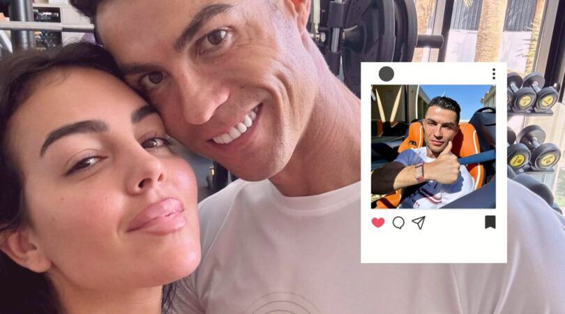 Cristiano Ronaldo en zijn vrouw lachen op de foto.