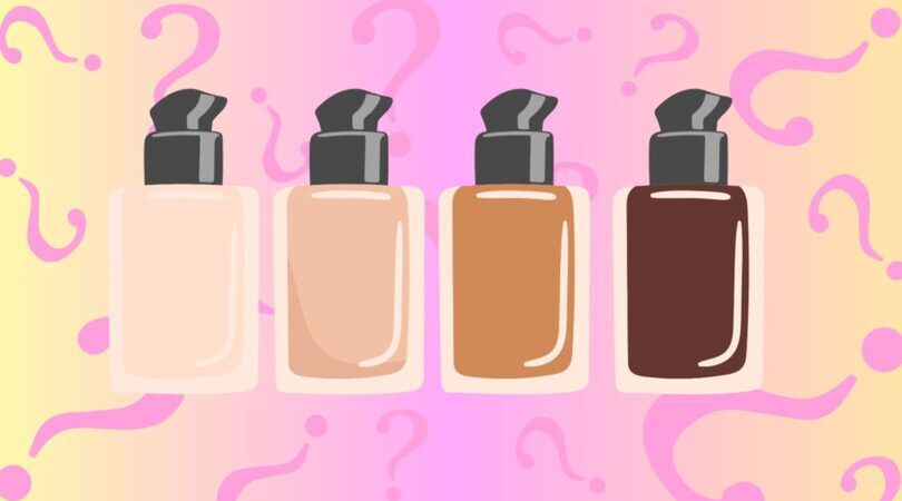 Getekende potjes foundation in verschillende tinten naast elkaar, met vraagtekens op de achtergrond.