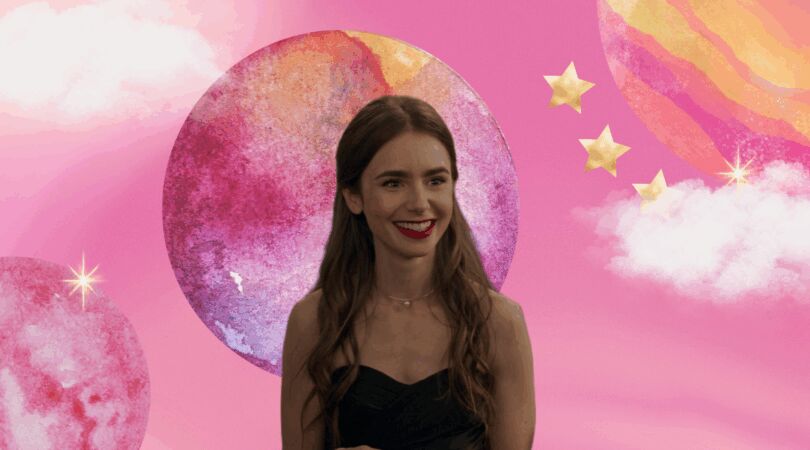 Emily uit Emily in Paris met heelal achtergrond.