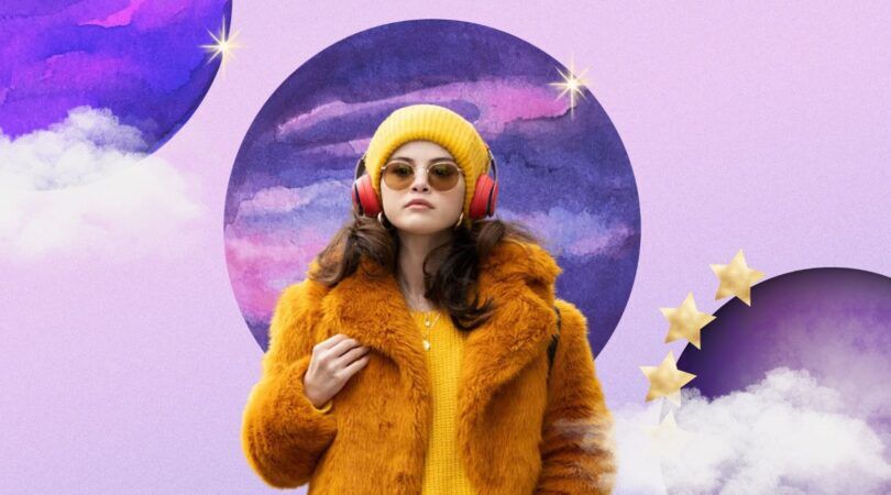 Selena Gomez haar karakter van Only Murder In The Building met een paarse achtergrond en een paar planeten