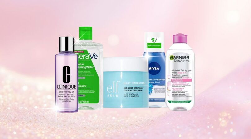 Vijf verschillende make-up removers voor een glitter achtergrond.