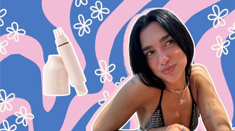 Illustratie van de sproetjesstempel met Dua Lipa op de voorgrond.