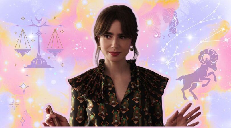 Vrouw is omringd door sterrenbeelden en glitter. Ze kijkt wispelturig. Afbeelding uit: Emily in Paris.