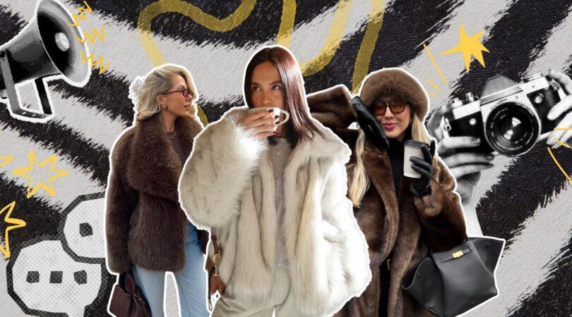 Collage van verschillende vrouwen in een bontjas.
