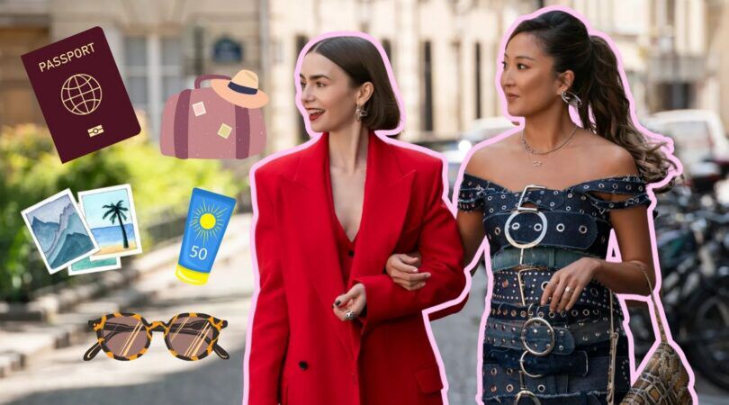 Twee vrouwen kijken opzij, naast hun staan illustraties van toeristen spullen afgebeeld.