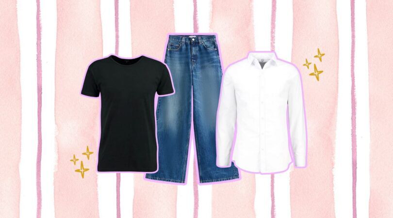 Een paar mannen kledingstukken met een roze achtergrond.