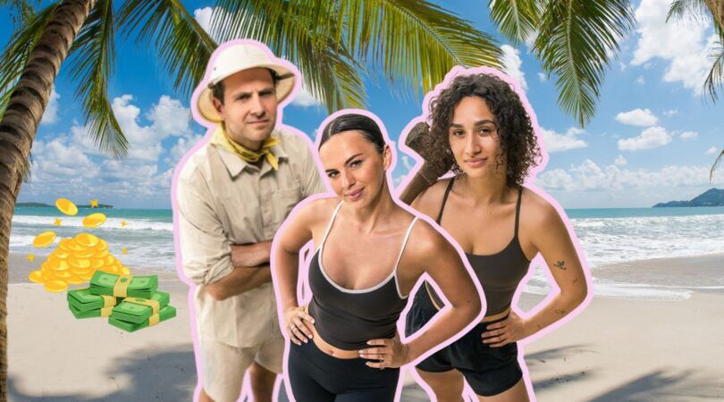 Collage van Expeditie Robinson deelnemers omring door munten en bankbiljetten.