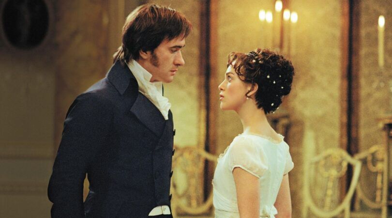 Sc&egrave;ne uit Pride & Prejudice. De twee hoofdrolspelers kijken verliefd naar elkaar.